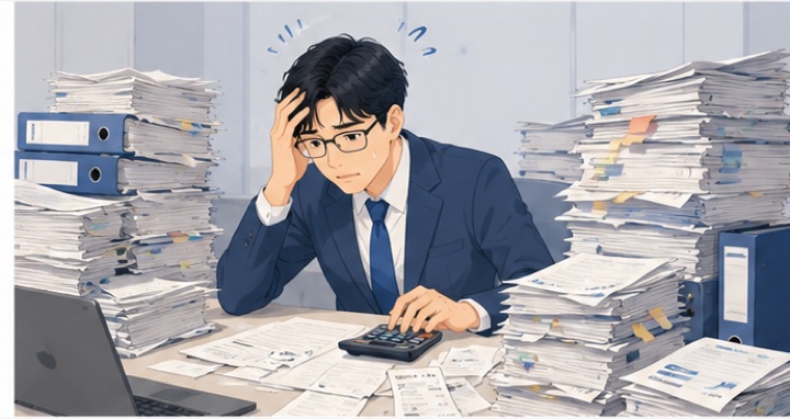 導入前:繁忙期に書類の山を前に疲弊する税理士
