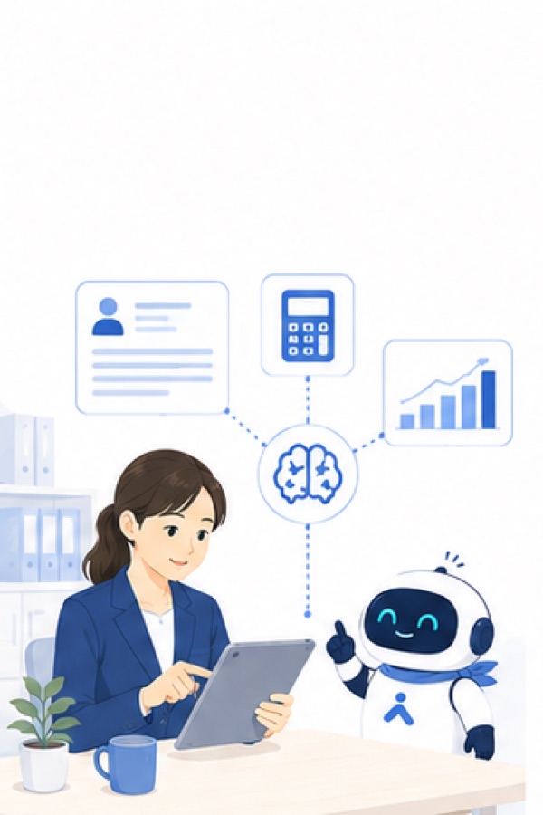 税理士法人・会計事務所の業務改善(税理士AX)|AIアシスタントが記帳・分析を支援するイラスト