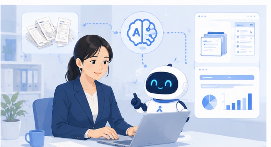 税理士法人・会計事務所の業務改善（税理士AX）｜AIアシスタントが資料回収・記帳・問い合わせ対応を自動化するイメージ