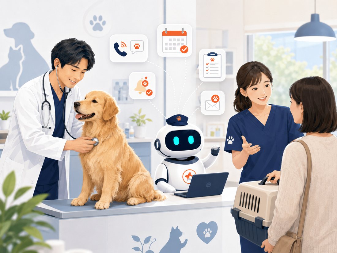 動物病院の業務改善（動物病院AX）｜AIが受付・予約・記録を自動化するイメージ